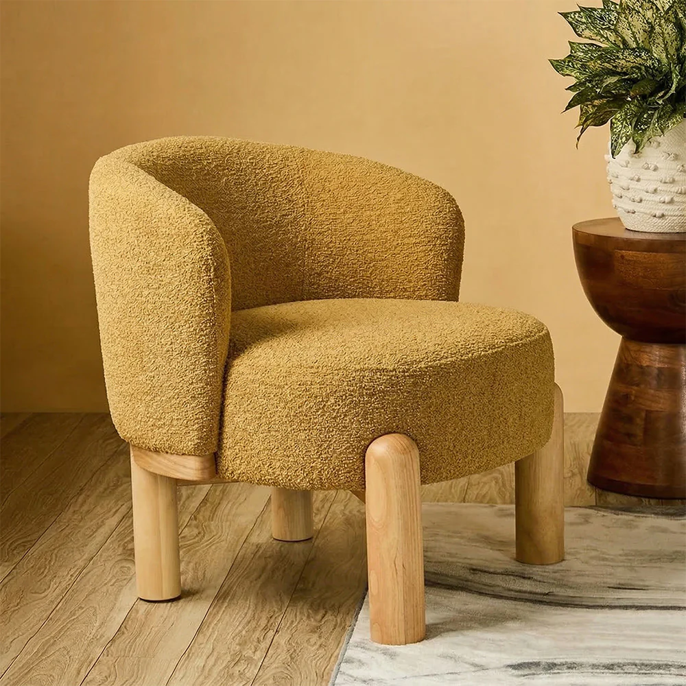 Velour Crest Chenille Wooden Armchair - Yellow